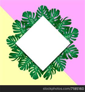 vector illustration. exotic tropical green leaves monstera. paper banner rhombus. yellow and pink background
