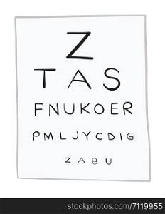 Vector illustration eye test chart, letters. Hand drawn. Colored outlines.
