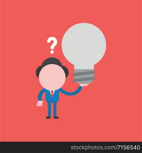 Vector illustration faceless businessman character confused and holding grey light bulb, bad idea on red color background.