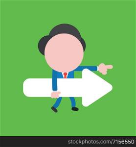 Vector illustration faceless businessman character holding arrow, walking and pointing on green color background.