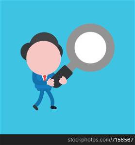 Vector illustration faceless businessman character holding magnifying glass and walking on blue color background.