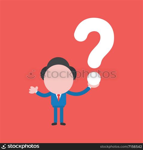 Vector illustration faceless businessman character holding question mark on red color background.