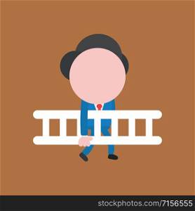 Vector illustration faceless businessman character holding wooden ladder and walking on brown color background.