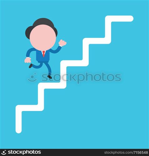 Vector illustration faceless businessman character running on stairs to top on blue color background.