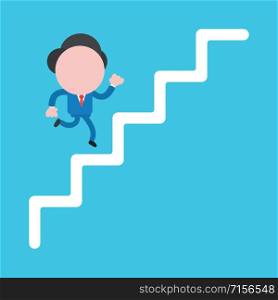 Vector illustration faceless businessman character running on stairs to top on blue color background.
