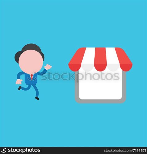 Vector illustration faceless businessman character running to shop store on blue color background.