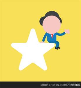 Vector illustration faceless businessman character sitting on star on yellow color background.