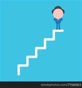 Vector illustration faceless businessman character standing on top of stairs on blue color background.