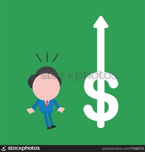Vector illustration faceless businessman character surprised at dollar symbol arrow moving up on green color background.