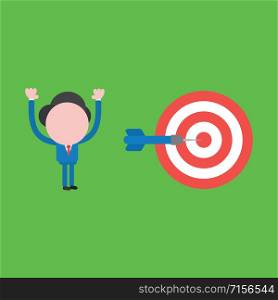 Vector illustration faceless businessman character with bulls eye and dart hit the target on green color background.