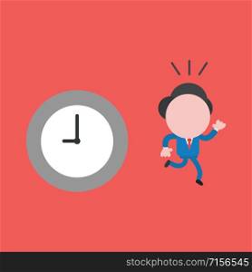 Vector illustration faceless businessman character with clock and running away on red color background.