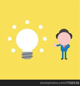 Vector illustration faceless businessman character with glowing light bulb idea and showing thumbs up on yellow colors background.