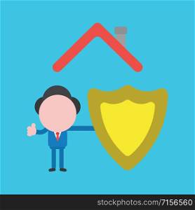 Vector illustration faceless businessman character with guard shield under house roof on blue color background.