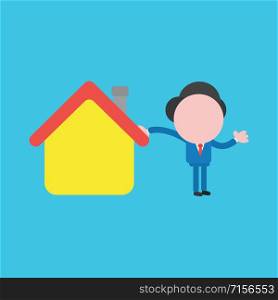 Vector illustration faceless businessman character with house on blue color background.
