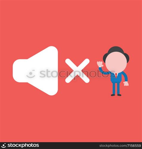 Vector illustration faceless businessman character with sound off symbol on red color background.