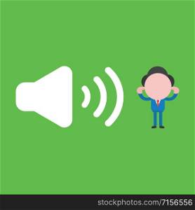 Vector illustration faceless businessman character with sound on symbol and closes ears on green color background.