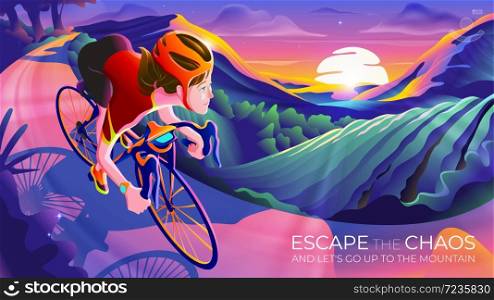 Vector illustration featuring the lady cyclist riding her bike on the mountain in the morning