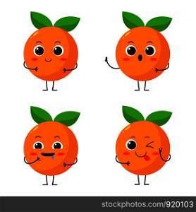 Vector Illustration Flat Orange Cute Character expression emotion collection set isolated on white background , minimal style , Raw materials fresh fruit , Mascot product