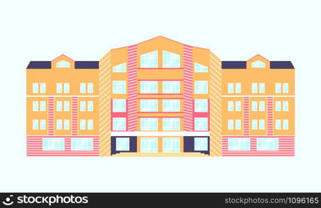 vector illustration. flat orange pink building with blue windows and roof.. vector illustration. flat orange pink building with blue windows