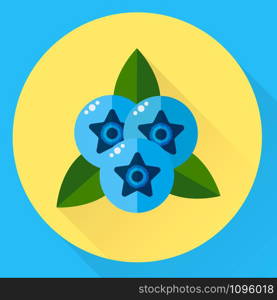 vector illustration, flat round icon blueberries, blue berries with green leaves. vector illustration, flat round icon blueberries, blue berries w