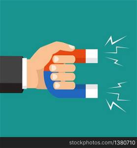 Vector illustration, flat style, isolated on background. Human hand holding a magnet. . Human hand holding a magnet. Vector illustration, flat style, isolated on background