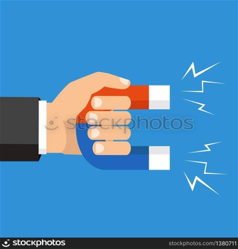 Vector illustration, flat style, isolated on background. Human hand holding a magnet. . Human hand holding a magnet. Vector illustration, flat style, isolated on background