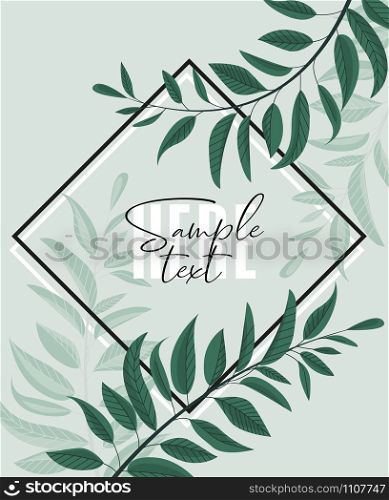 Vector illustration floral greenery card design. Forest leaves. Wedding invite poster invitation. Green leaves border. Floral greenery card design