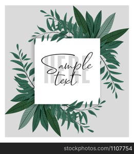 Vector illustration floral greenery card design. Forest leaves. Wedding invite poster invitation. Green leaves border. Floral greenery card design