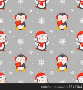 Vector illustration for Christmas and New Year. Perfect for backgrounds, wrapping paper, covers, fabrics.. seamless christmas background with cute penguins and snowflakes.