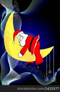 Vector Illustration for Christmas and New Year. Santa Claus sleeping on the moon decorated with baubles