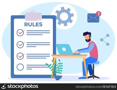 Vector illustration for corporate order concept, boundaries, laws, regulations. Business people study lists of rules, guidelines for reading, make checklists.
