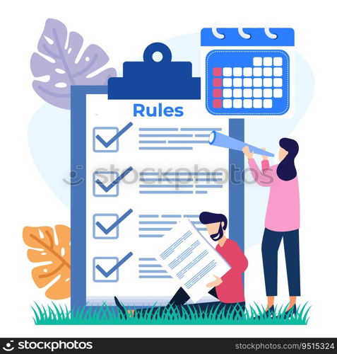 Vector illustration for corporate order concept, boundaries, laws, regulations. Business people study lists of rules, guidelines for reading, make checklists.