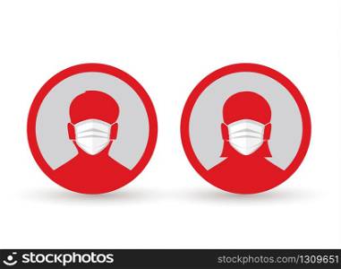 Vector illustration for graphic and web design, face with mask icon. Man and Woman in medical face protection mask.. Man and Woman in medical face protection mask.