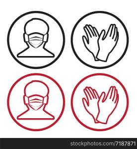 Vector illustration for graphic and webdesign, face with mask and gloves icon. Medical masks for face and hand protection. Medical masks for face and hand protection
