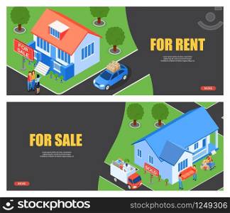 Vector Illustration for Rent and for Sale Flat. Inscription at Home Sold, Help Reedter in Finding Client. Written Sold on Plate Near House. New Contract Renter. Transportation Furniture.