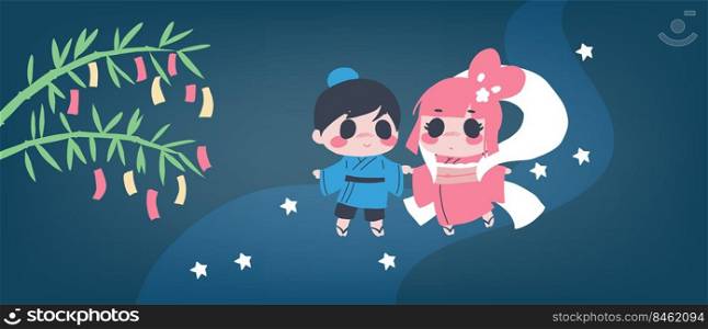 Vector illustration for Tanabata or japanese Star festival. Bamboo branch with paper flags, cowherd and weaver girl walking on starry path. Caption translation  Tanabata, Double Seven. Vector illustration for Tanabata or japanese Star festival.