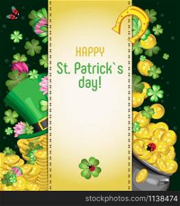 Vector illustration for the holiday of St. Patrick. Leprechaun&rsquo;s hat on piles of gold coins surrounded by leaves and flowers of clover. Cauldron with gold coins and falling coins and leaves