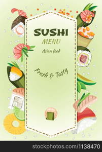 Vector illustration for the Sushi menu. Various sushi and ingredients protruding from under the stitched parchment. Gradient background, rice grains and red caviar