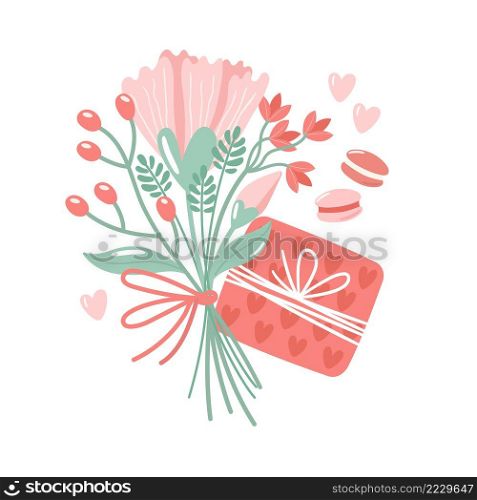 Vector illustration for Valentine day. A gift, sweets and bouquet on white background. Creative greeting card with hand-drawn decorative elements. Elegant feminine design. 