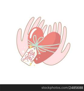Vector illustration for Valentine day. A heart in hands on white background. Creative greeting card with hand-drawn decorative elements. Elegant feminine design.