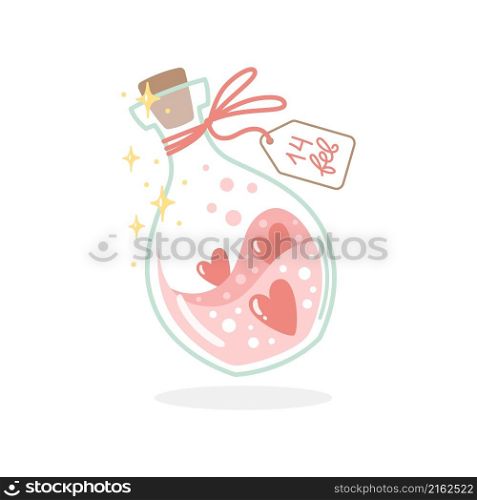 Vector illustration for Valentine day. A magic bottle with hearts on white background. Creative greeting card with hand-drawn decorative elements. Vector illustration for Valentine day. on white background. Creative greeting card with hand-drawn decorative elements. Elegant feminine design.