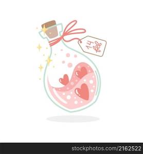 Vector illustration for Valentine day. A magic bottle with hearts on white background. Creative greeting card with hand-drawn decorative elements. Vector illustration for Valentine day. on white background. Creative greeting card with hand-drawn decorative elements. Elegant feminine design.