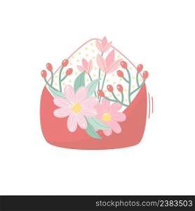 Vector illustration for Valentine day. An envelope with flowers on white background. Creative greeting card with hand-drawn decorative elements.  Elegant feminine design. 
