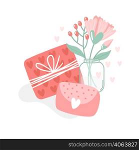 Vector illustration for Valentine day. Gift, envelope, bouquet and hearts on white background. Creative greeting card with hand-drawn decorative elements. Elegant feminine design.