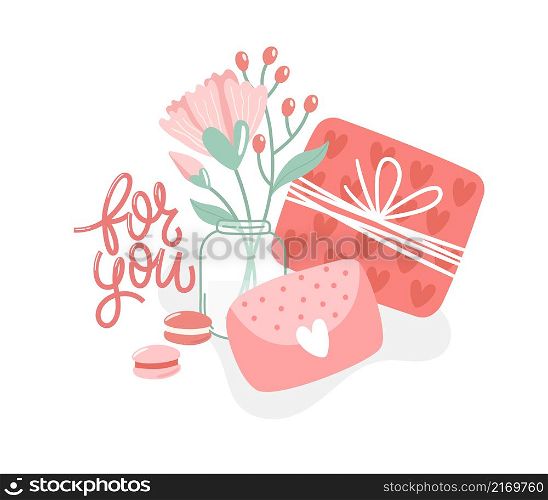Vector illustration for Valentine day. Gift, envelope, bouquet and inscription For you on white background. Creative greeting card with hand-drawn decorative elements. Elegant feminine design.