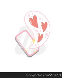 Vector illustration for Valentine day. Mobile phone with message and hearts on white background. Creative greeting card with hand-drawn decorative elements. Elegant feminine design.