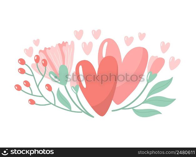 Vector illustration for Valentine day. Two hearts with flowers on white background. Creative greeting card with hand-drawn decorative elements. Elegant feminine design.