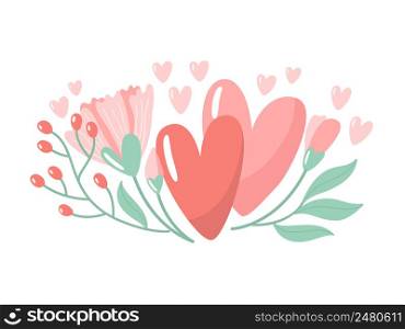 Vector illustration for Valentine day. Two hearts with flowers on white background. Creative greeting card with hand-drawn decorative elements. Elegant feminine design.