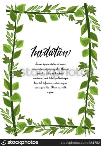 Vector illustration frame green leaves. Floral background. Frame green leaves