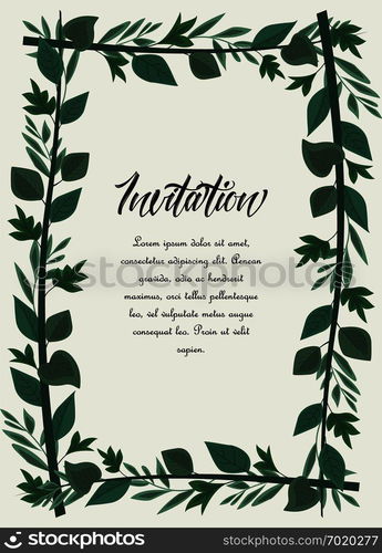 Vector illustration frame green leaves. Floral background. Frame green leaves